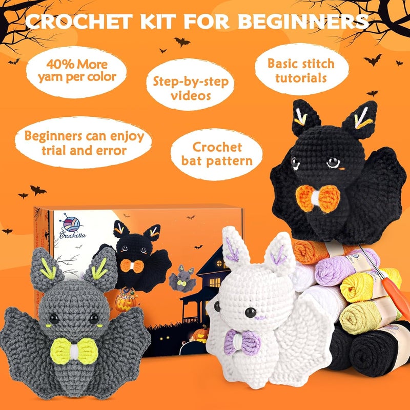 Crochetta Crochet Kit for Beginners, Beginner Crochet Kit for Adults with Step-by-Step Video Tutorials, Halloween Gifts DIY Crochet Animal Kits Knitting Supplies, 3 Pack Bat (40%+ Yarn) - Image 4
